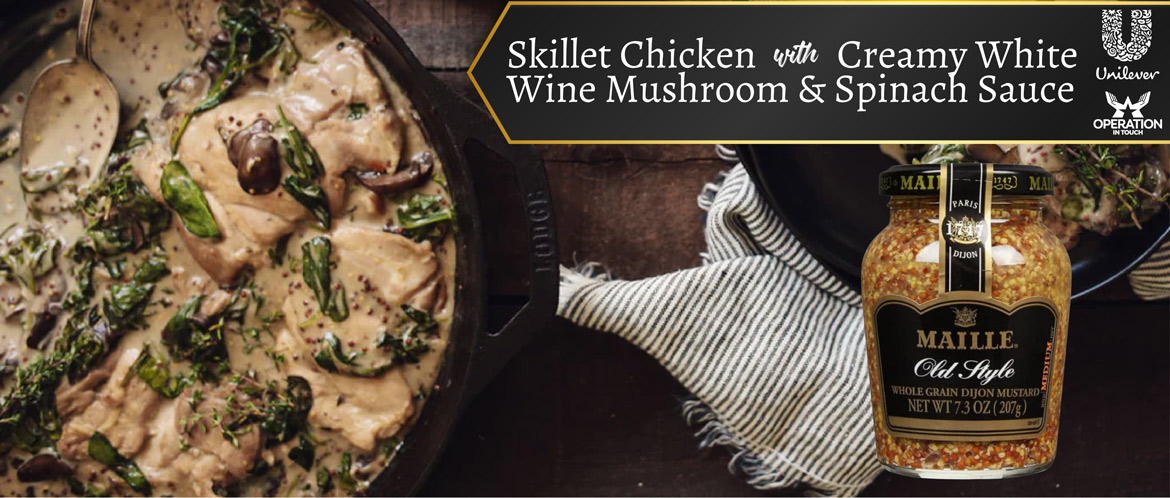 Maille skillet chicken with creamy white wine mushroom spinach sauce carousel
