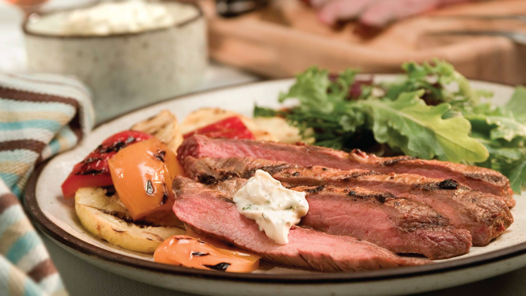 HBF chipotle flank steak with creamy cilantro sauce