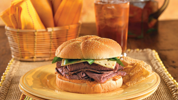 HBF Light roast beef sandwich with chipotle mayo pepper jack cheese