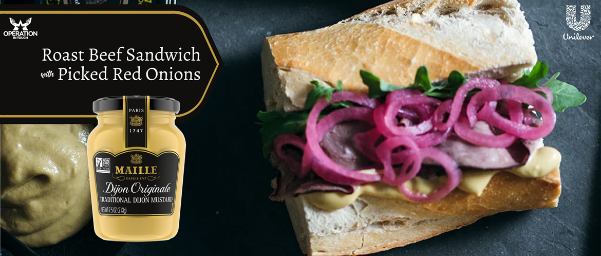 Maille roast beef sandwich with picked red onions carousel