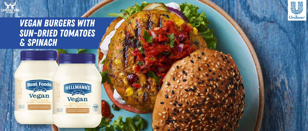 HBF vegan burgers with sun dried tomato spinach carousel