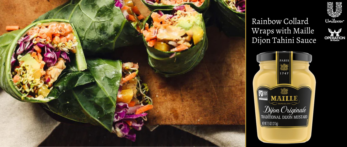 Maille rainbow collard wraps with maille dijon tahini sauce carousel